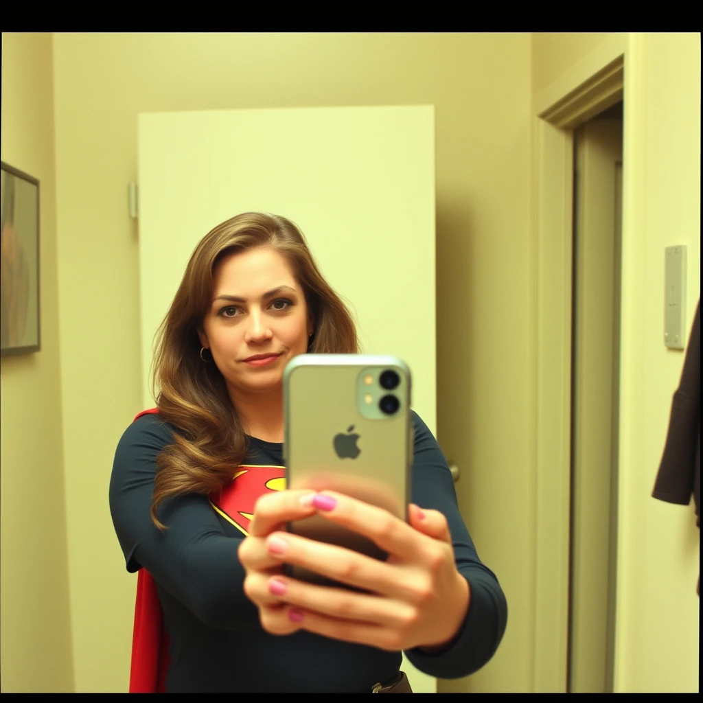 Phone photo: A woman superhero stands in front of a mirror capturing a selfie. Her expression is casual while the old iPhone struggles to focus, giving the photo an authentic, unpolished feel. - Image