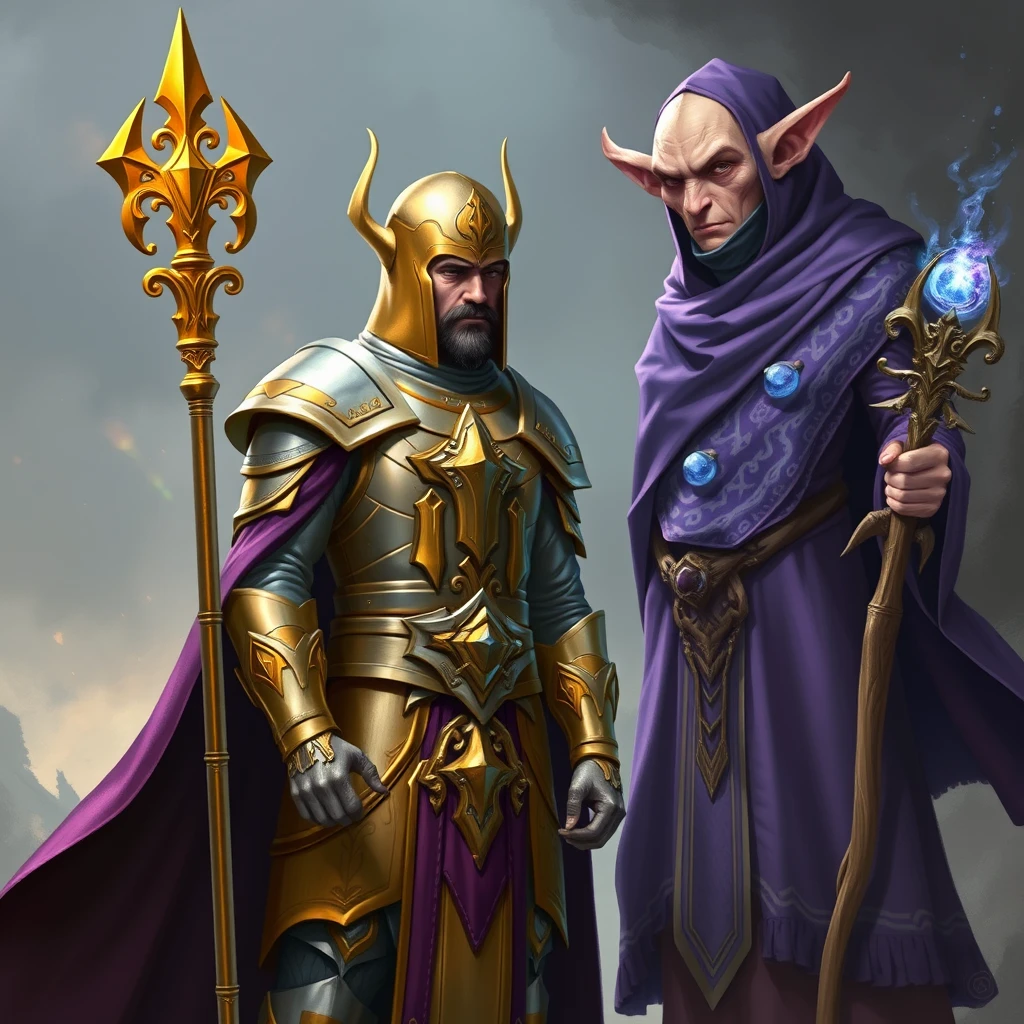 Gold and silver paladin standing in front of a purple-robed elf with a staff enchanting the paladin to double in size. - Image