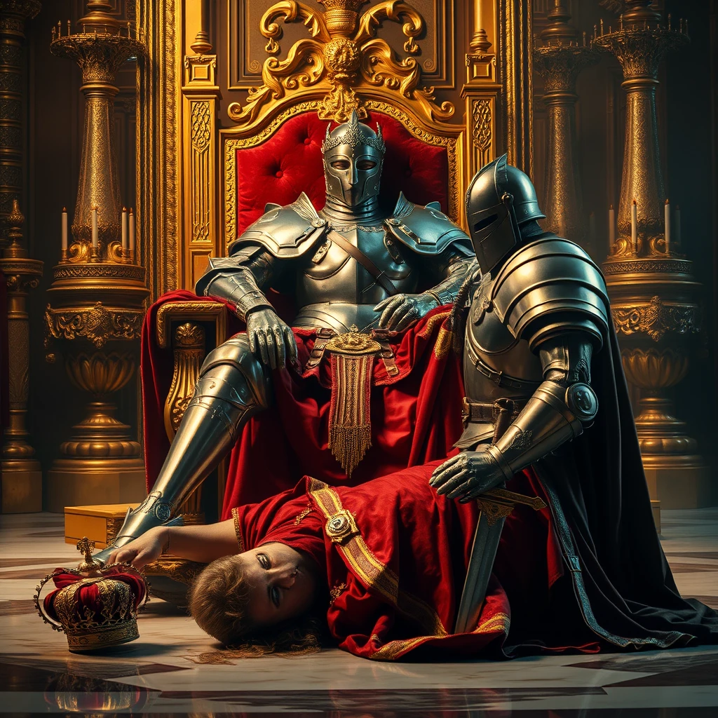 The scene unfolds in a richly appointed throne room, dripping with opulence and the heavy scent of incense. A newly crowned usurper, handsome and powerful in gleaming, meticulously crafted plate armor, sits sprawled upon the golden throne. His posture is one of arrogant ease, a stark contrast to the figure kneeling at his feet. The deposed king, clad in rich velvet robes now stained with the dust of defeat, hangs his head low, his crown discarded on the polished marble floor. The usurper's face, framed by the cold steel of his helmet, is grim and resolute, his hand resting possessively on the jeweled hilt of his sword. The light catches the intricate details of his armor, the glint of gold against the polished steel, highlighting the stark reality of his brutal ascent to power. The fallen king's ornate robes, once a symbol of authority, now pool around him like a shroud, a silent testament to the swift and merciless turn of fortune's wheel. The scene is rendered with painstaking detail, from the individual links of chainmail to the intricate carvings on the throne, capturing the raw power dynamics and the heavy weight of betrayal that hangs in the air.