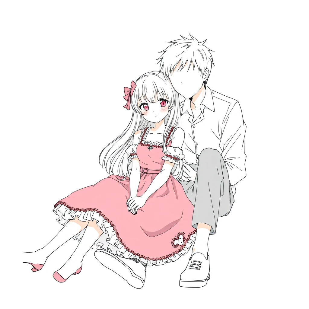 A girl in a cute dress sitting with her boyfriend, anime lineart. - Image