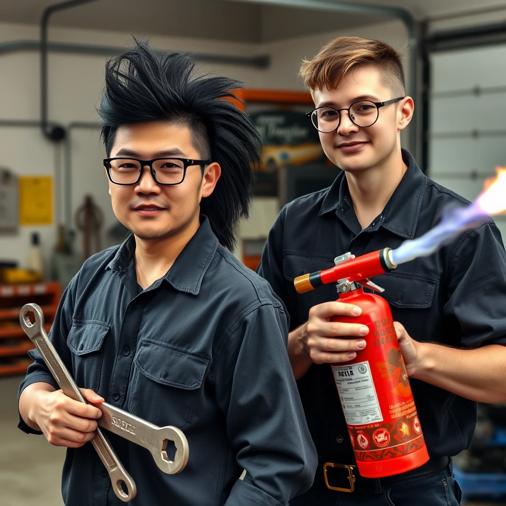 21-year-old white Chinese man wearing square glasses, long black mullet, holding a wrench; 21-year-old white Italian man wearing round glasses and short hair holding a very large fire extinguisher flamethrower, garage setting. - Image