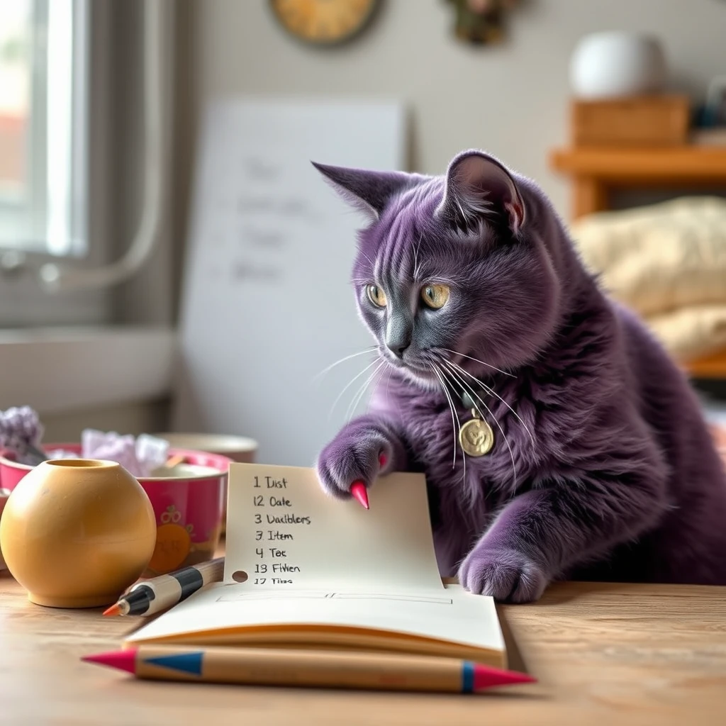 A purple cat making a fifty item task list - Image