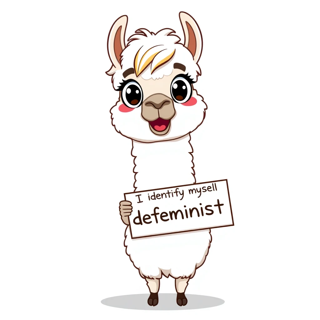 Cartoon llama holding a placard that says "I identify myself as deterministic", digital art style, vibrant colors, humorous expression, white fluffy llama with big eyes, placard held by hooves, clean lines, playful design, against a simple background. - Image