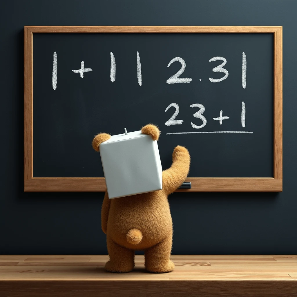 a carton bear standing in front of a blackboard writing 1+1、1+2、3-1 on it