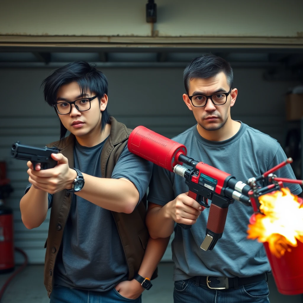 2 person setting, "21 year old northern Chinese man wearing square glasses, mid/long black mullet hair, holding pistol"; "21 year old white European Italian man wearing round glasses, short hair, holding very large fire extinguisher flamethrower", garage setting, both angry.