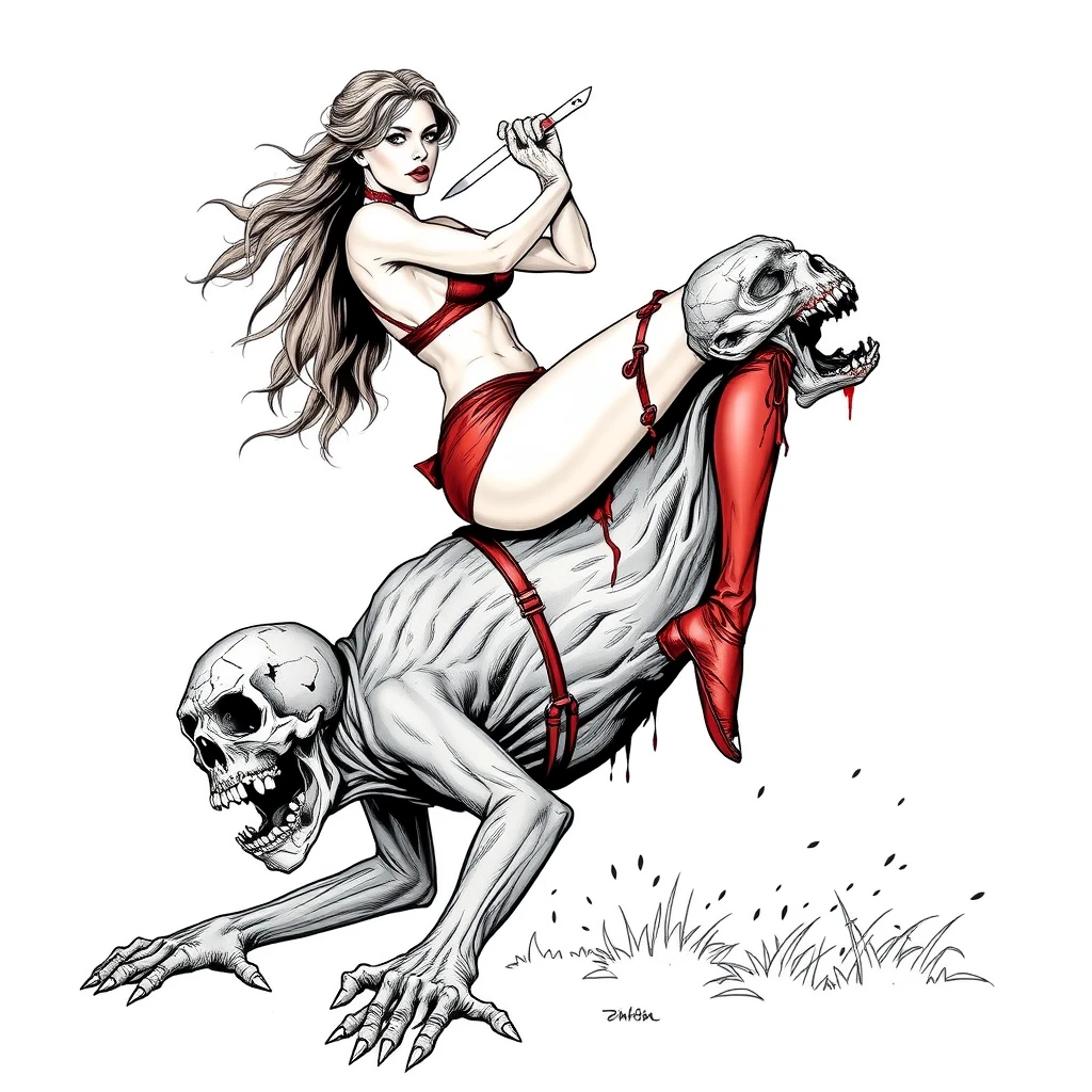 A tall mature woman in red sexy battle leather underwear rides on a zombie's back, her legs open and clamped around the zombie's neck, as she stabs the dagger into the zombie's head, line art.