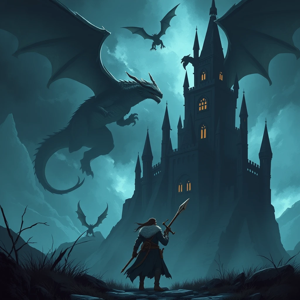 Dark fantasy animation. A warrior approaches a castle, dragons fly above.