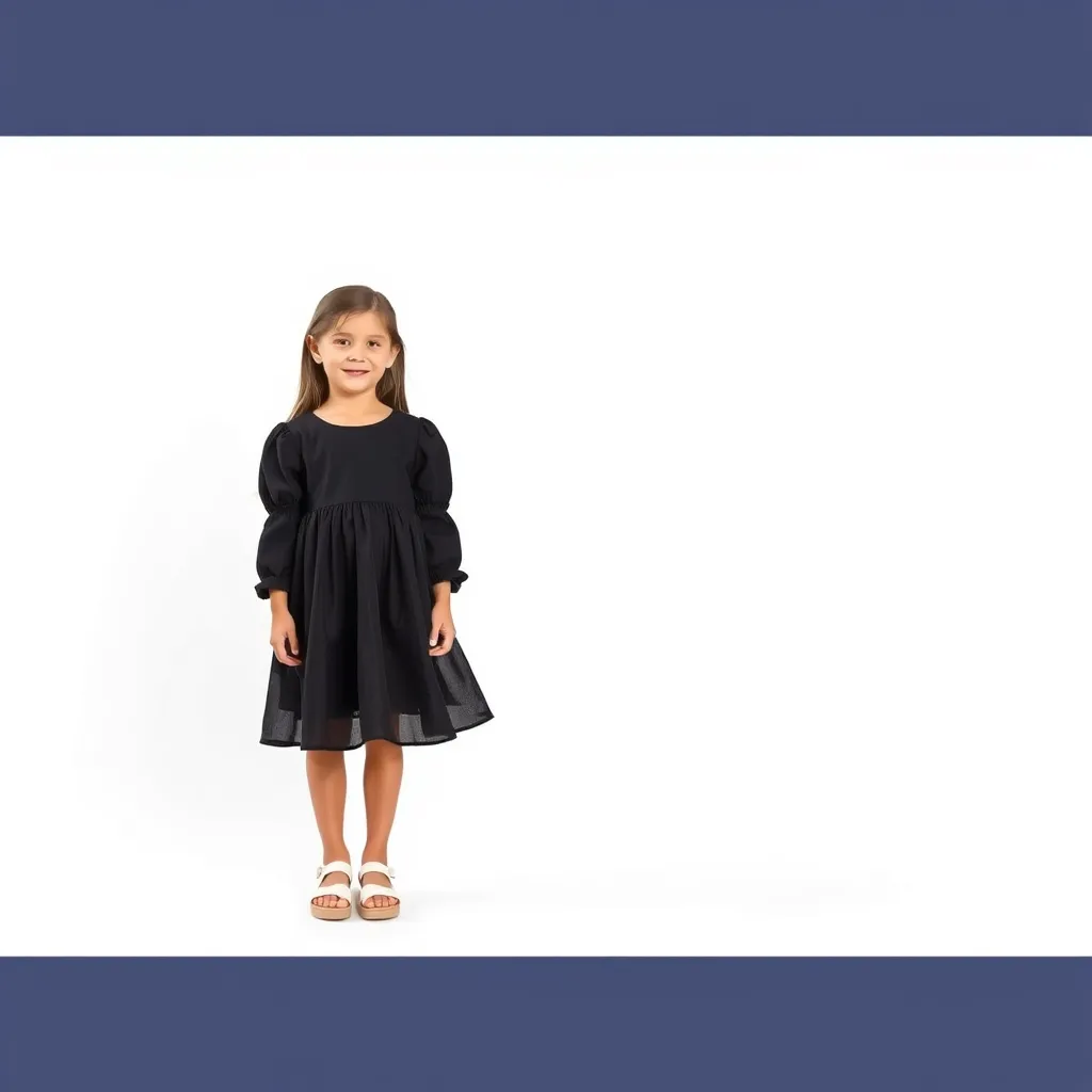 "Create a photo of a 16-year-old girl wearing a black dress and white sandals. The background is white, no text. The children are fully visible."