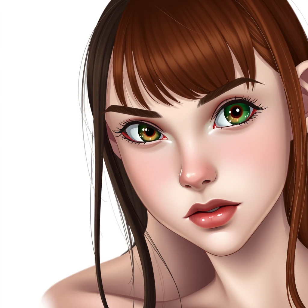 skinny guy, long dark brown hair parted in the middle, sharp facial features, smirk, pale skin, light brown eyes, thick eyebrows, long eyelashes next to a cute white ginger girl, small nose, pink lips, green eyes, long bangs hairstyle, hyperrealistic style. - Image