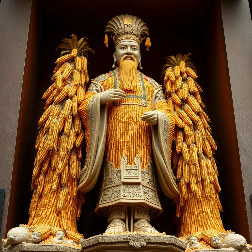 A full-body statue of a Chinese-style emperor with a distinctly feminine appearance, with the body covered in corn. - Image