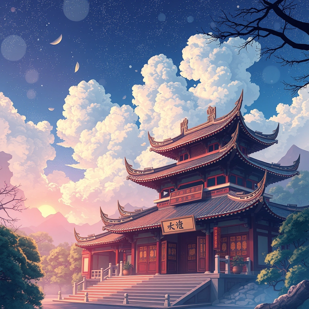 anime artwork, Chinese Taoist temple