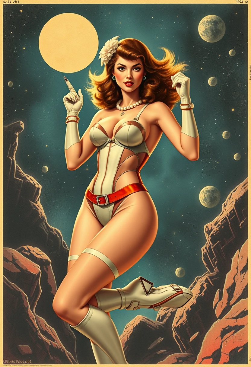 Retro vintage sci-fi art, space pin-up girl, full body