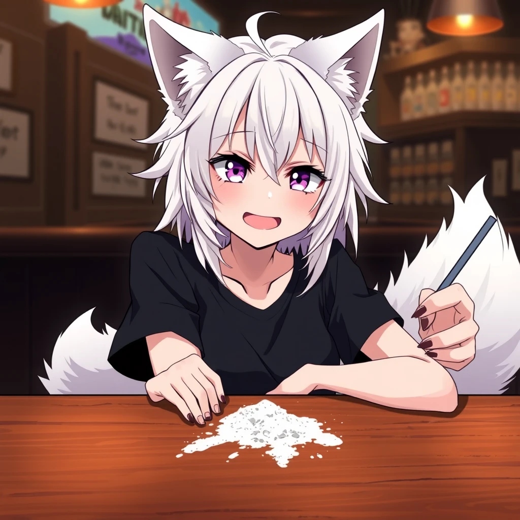 Anime woman with fluffy wolf ears and a fluffy tail, messy medium-length white hair, purple eyes, wearing a black t-shirt, sitting at the table in a bar. On the table is a little bit of flour. The girl looks with a big crazy smile at the flour and has a straw in her right hand.