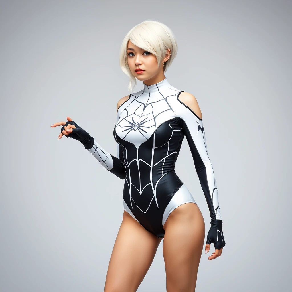 Photograph of a Gwen Stacy cosplay. The outfit is tight, white and black, with web patterns. Her white-blonde hair is a short undercut to her left side. The cosplayer is a young woman egirl. She's blushing. Her perfect legs draw our attention. - Image