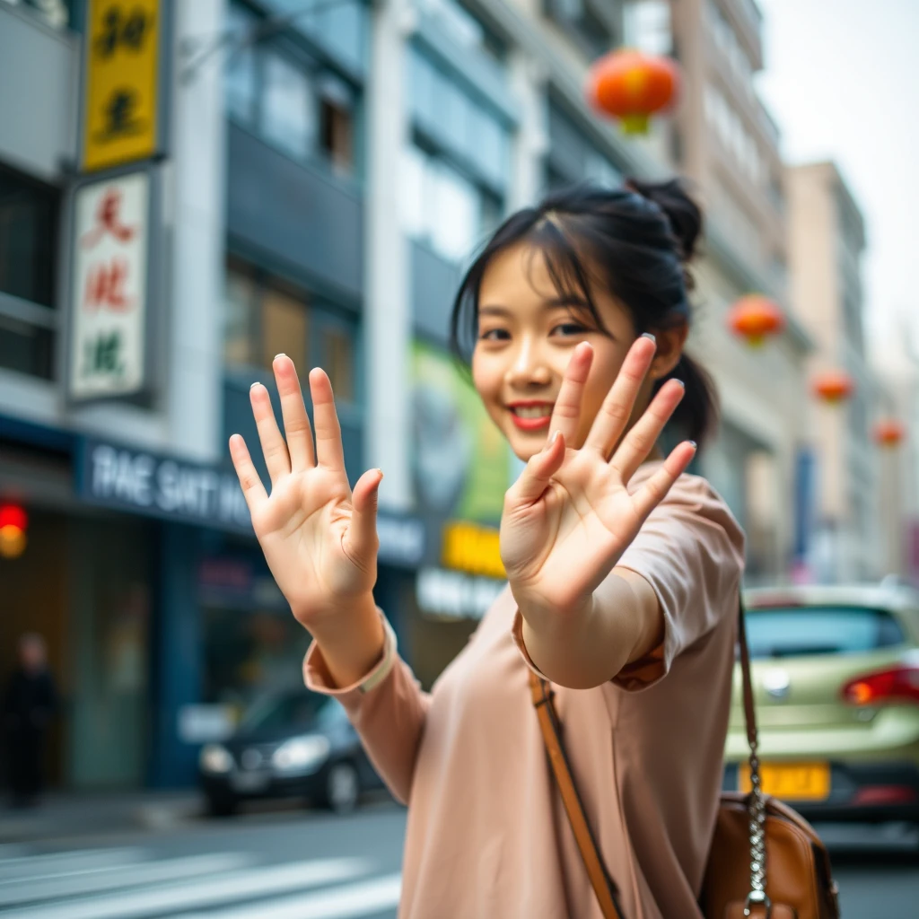 Asian woman holding hands out in middle of the street - Image