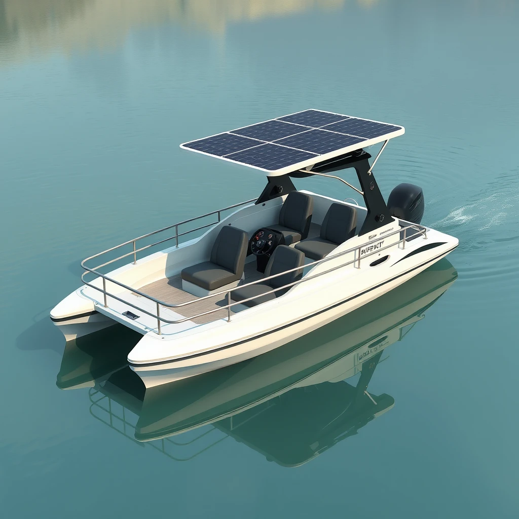 Smart Indian styled design of an open hydrodynamic, short, compact Catamaran boat with 6 seats, with subtle safety rails, in a calm lake in Kashmir, the platform powered by batteries and thruster pods, with joystick controls on the dashboard, carrying a foldable hard roof with the solar panels over it. - Image