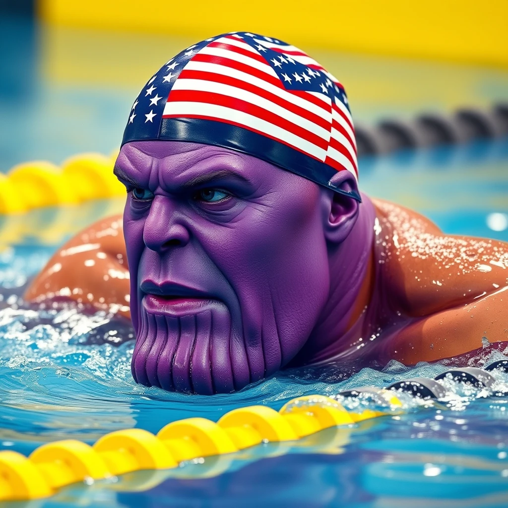 "Only Thanos, with a purple face, is swimming in a competition, wearing a swim cap with the American flag, in a realistic style."