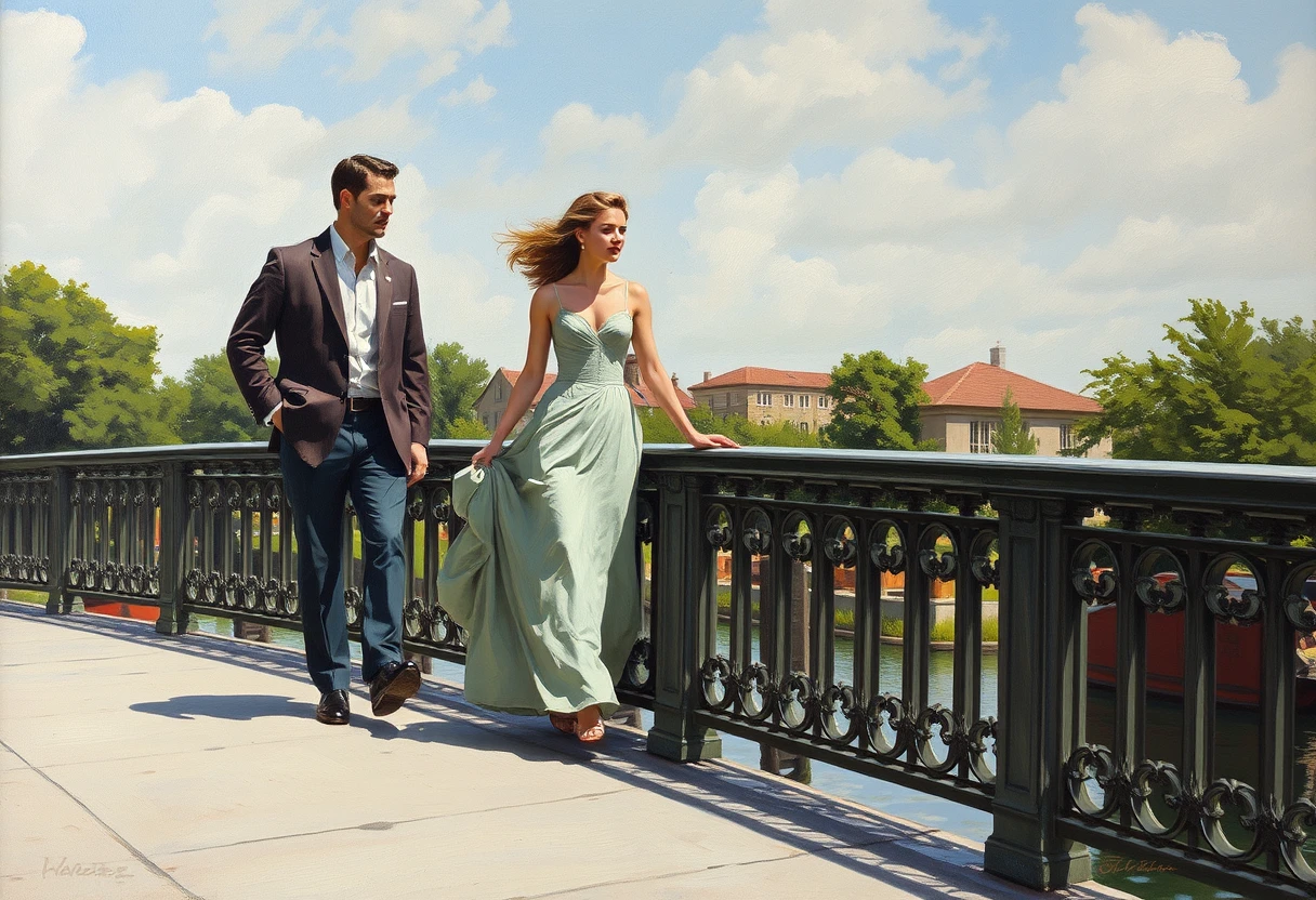 Man and woman on a bridge, highly detailed, oil on canvas.