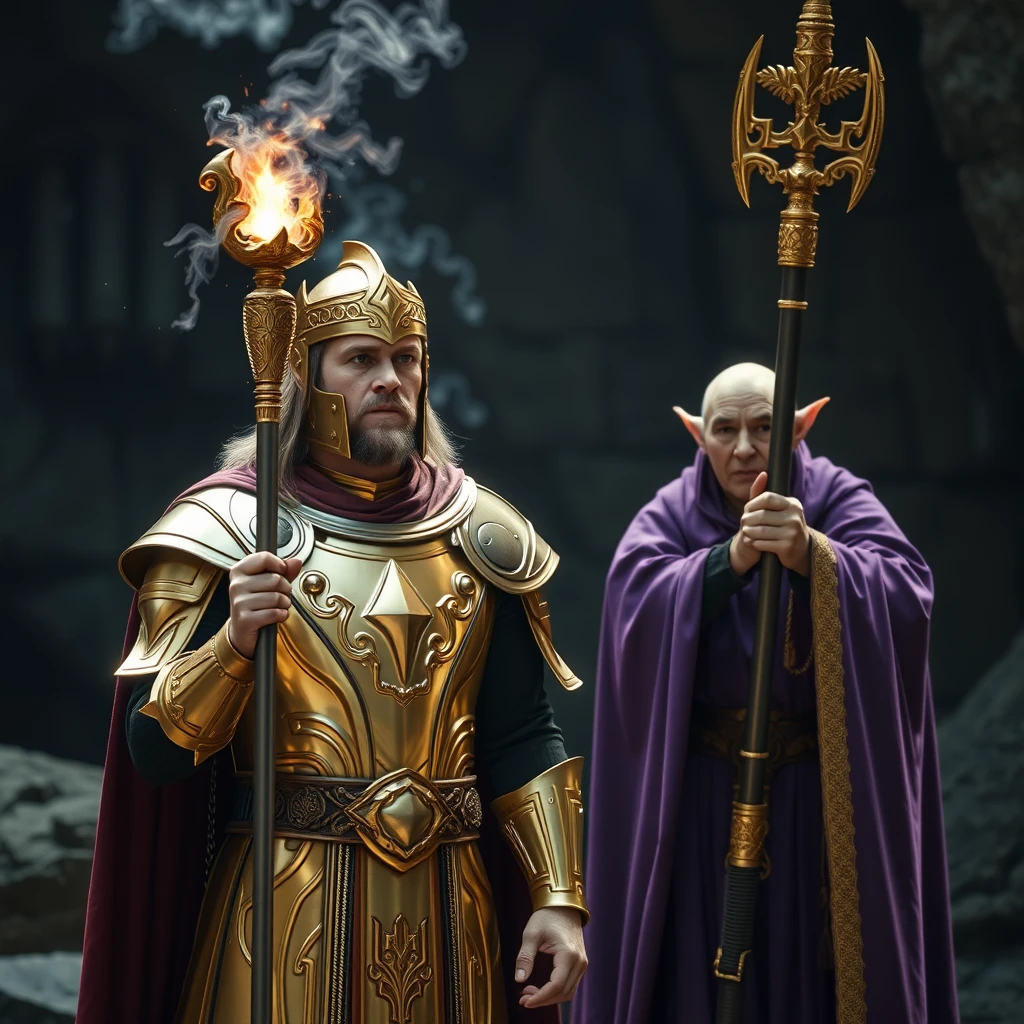 Gold and silver paladin standing in front of a purple robe-wearing elf with a staff enchanting the paladin to double in size high-definition movie still. - Image