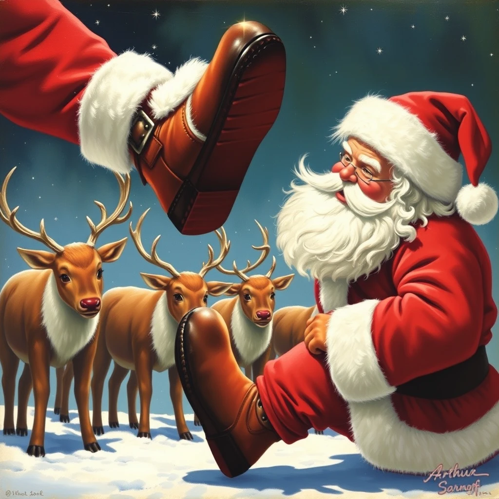 Santa is looking at the bottom of his boot as the reindeer try to look innocent, as painted by Arthur Sarnoff 1952.