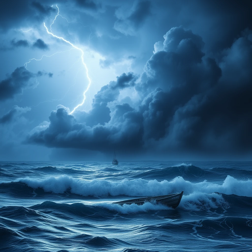 Storm in the sea, lightning, small boat on the waves. - Image