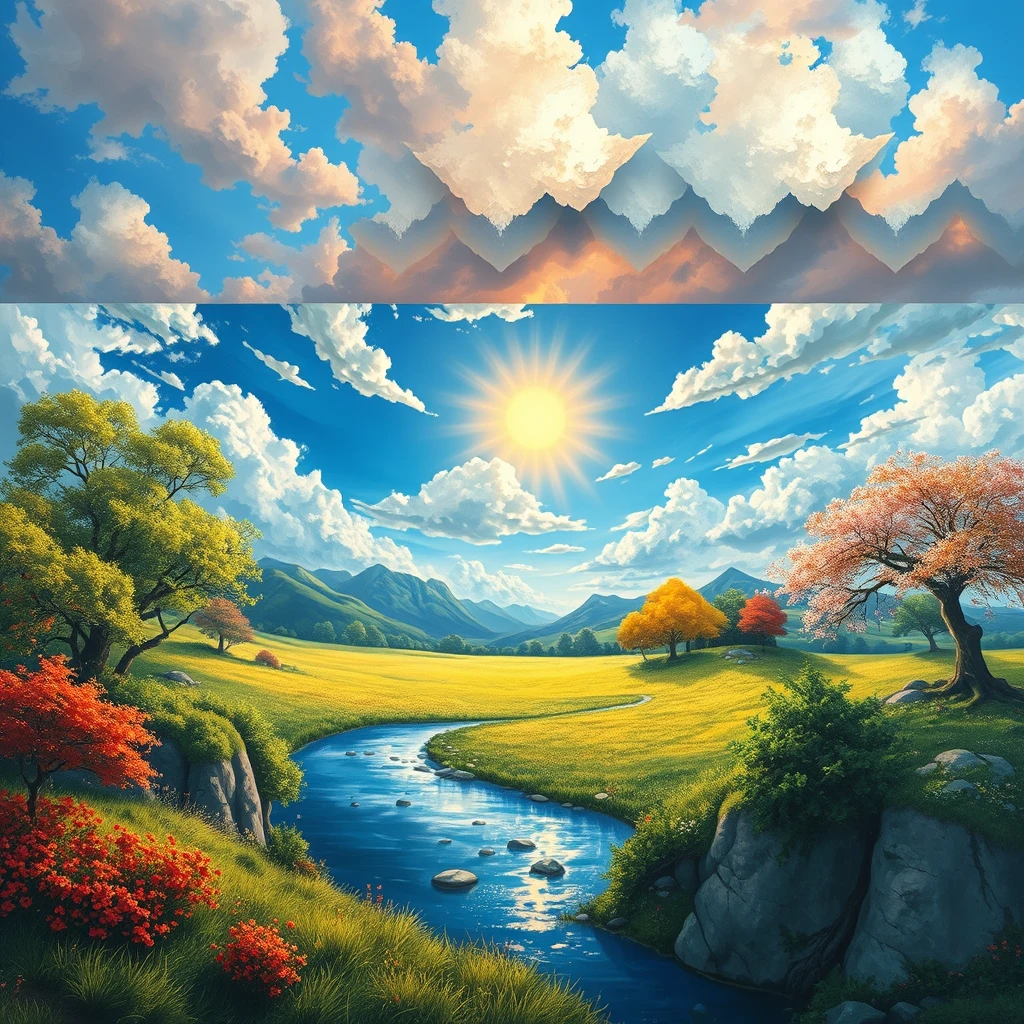 A [landscape] painting depicting the four seasons in a multi-layered size style, with a realistic color scheme and detailed nature depiction. The sky is impressive and the piece is designed to be viewed on multiple screens. Four colors are used to represent the four seasons, with a nature core