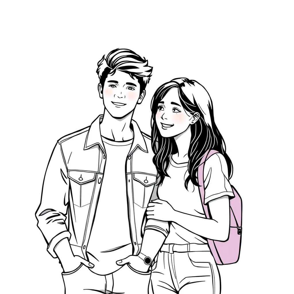 Young couple's daily life, handsome tall boy. Line art, full body. - Image