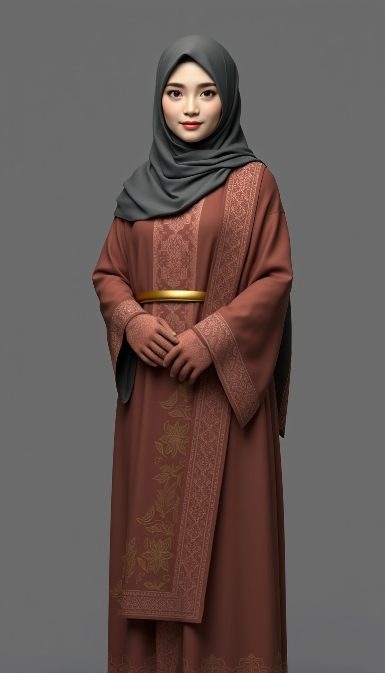 A 3D, 8k depiction of a Muslim woman from Palembang, wearing a traditional long songket and a long gown (gamis). She is adorned with a hijab that covers her chest and wears batik gloves covering her hands.