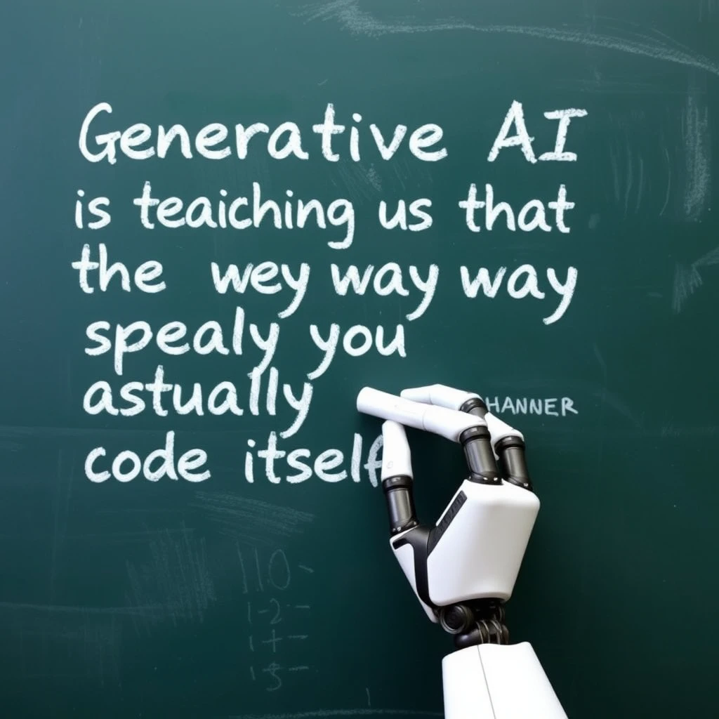 A robotic hand holding a piece of chalk writing with that piece of chalk on a chalkboard with writing on it that says  “Generative AI is teaching us that the way you speak is actually code itself” – Lisa Huang, classroom style chalkboard. - Image