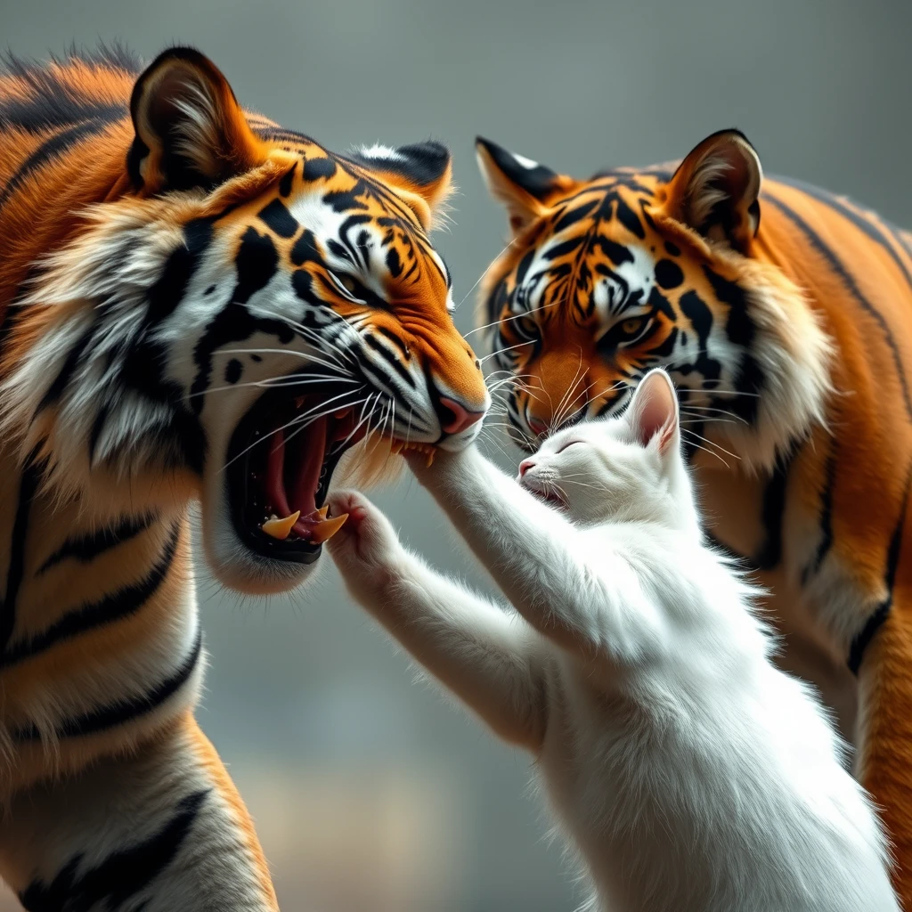 an angry white cat fighting with an angry tiger