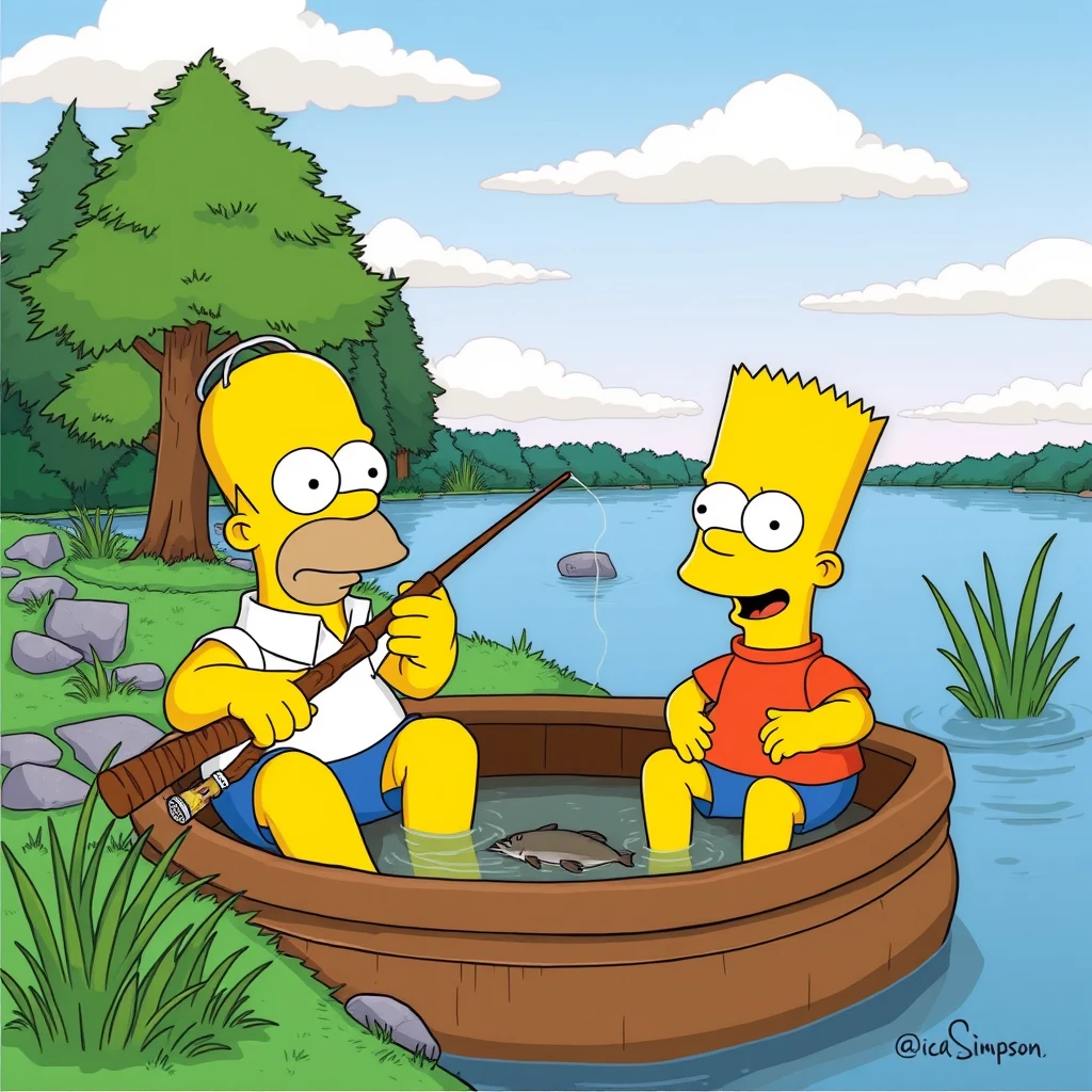 Simpson scene. Homer and Bart fishing. - Image