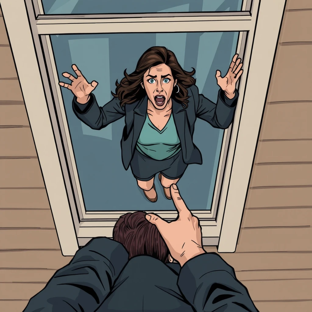 The woman is pushed out of the window by the man; she is panicking. View from above, comic.