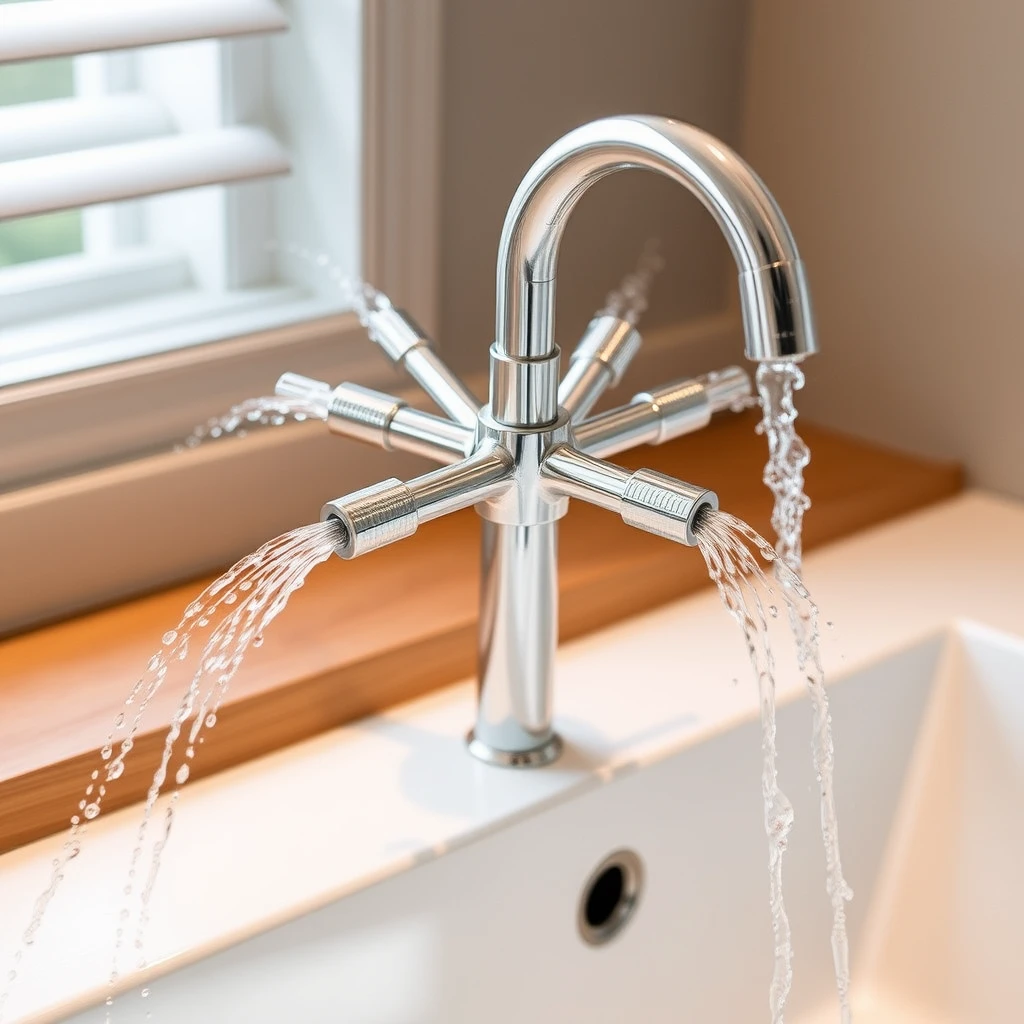 "A universal faucet that dispenses water in multiple directions."