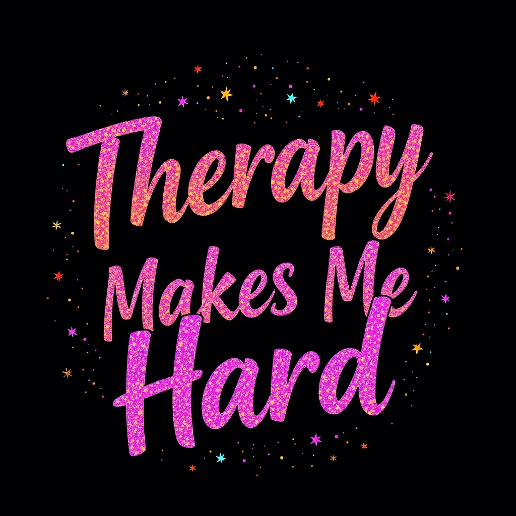 T-shirt design of fantastic vibrant glittery but ethereal text that says "Therapy Makes Me Hard"