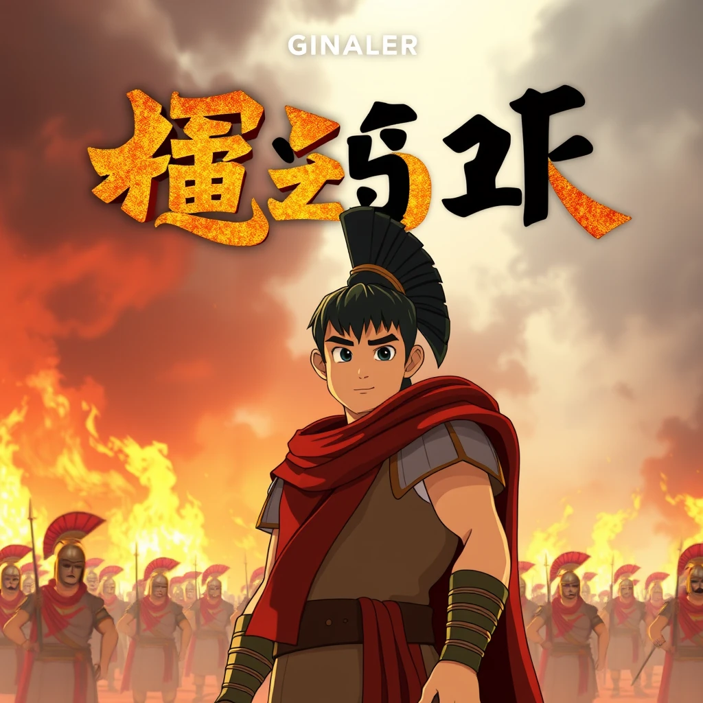 a poster of an animated series about Caeser title with "原创动画" written as title with bold letters as giant text, full body shot of Caeser in the foreground, wide shot of Roman soldiers among flames in the background


