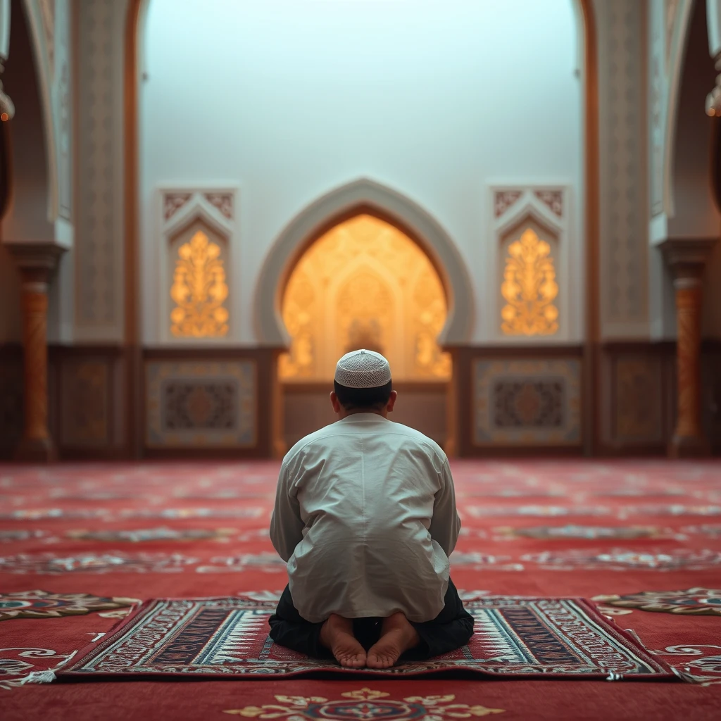 Generate an image of a Muslim individual in a traditional prayer position (Sujood) on a prayer rug. The background should be serene and peaceful, with subtle, soft lighting. The setting could be an indoor space with elegant Islamic architecture, such as intricate patterns and arches. The person should be dressed in traditional attire, and the overall tone should convey reverence and tranquility.