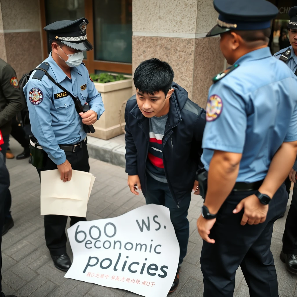 A Chinese young man was arrested by 2 policemen, there is a big paper on the ground, it says: "economic policies."