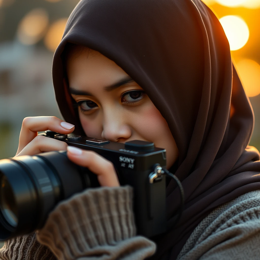 A beautiful Japanese hijab girl, shooting with her Sony Alpha A7 camera, intricate detail, bokeh, golden hour.