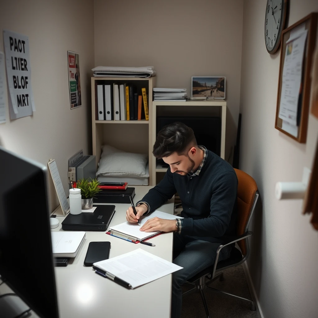 a man quit his job preparing for exams in a small room - Image