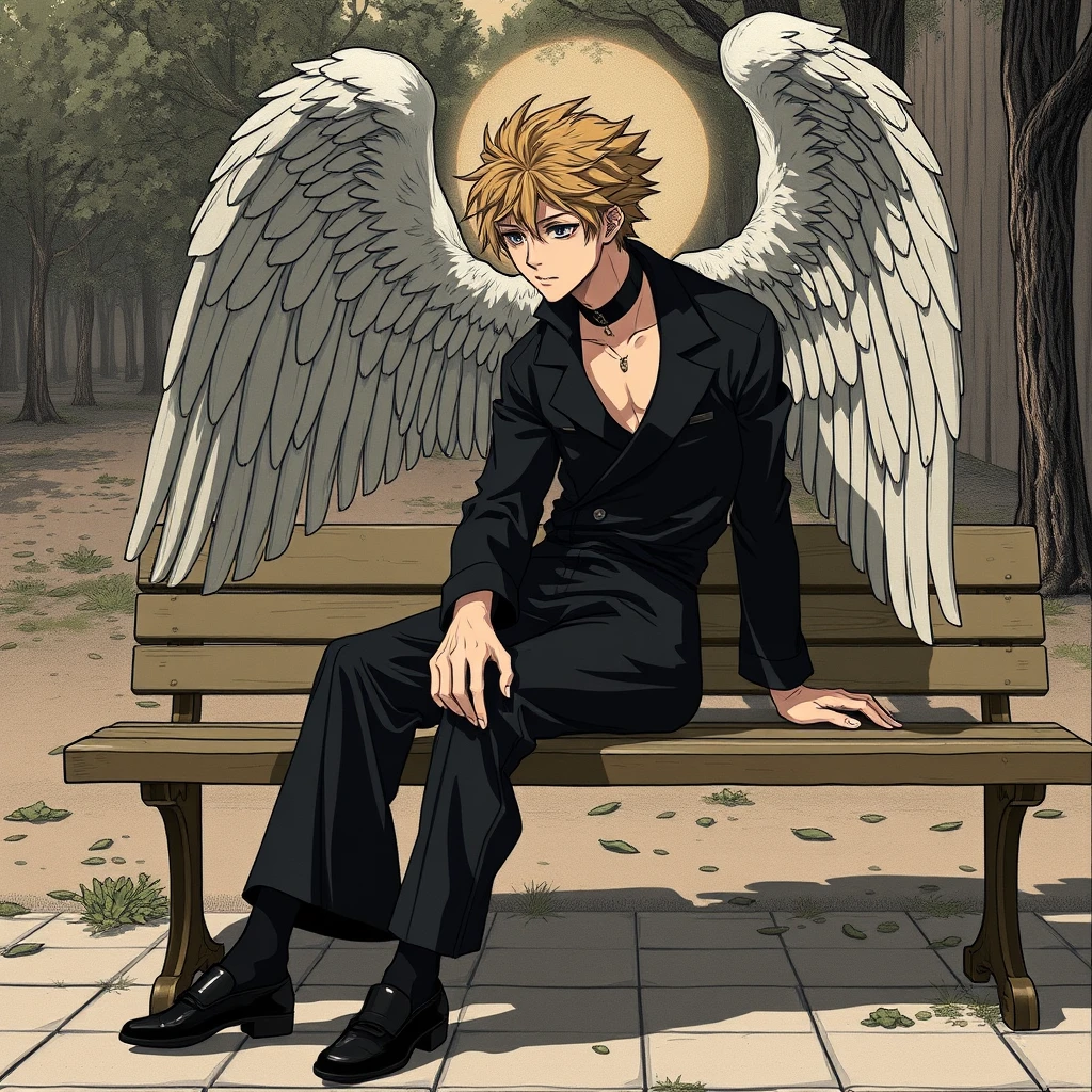 "Make Itadori Yuji from Jujutsu Kaisen in a position that references the painting The Fallen Angel by Alexandre Cabanel, while he is sitting on a bench. Do it in a manga version." - Image