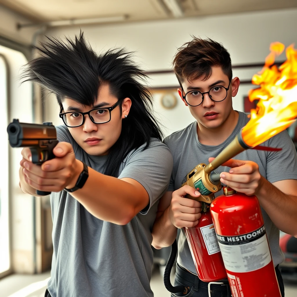 21-year-old white Chinese man with square glasses, long silky black mullet, holding a pistol; 21-year-old white Italian man with round prescription glasses and short hair holding a very large fire extinguisher flamethrower, in a garage setting, both angry.