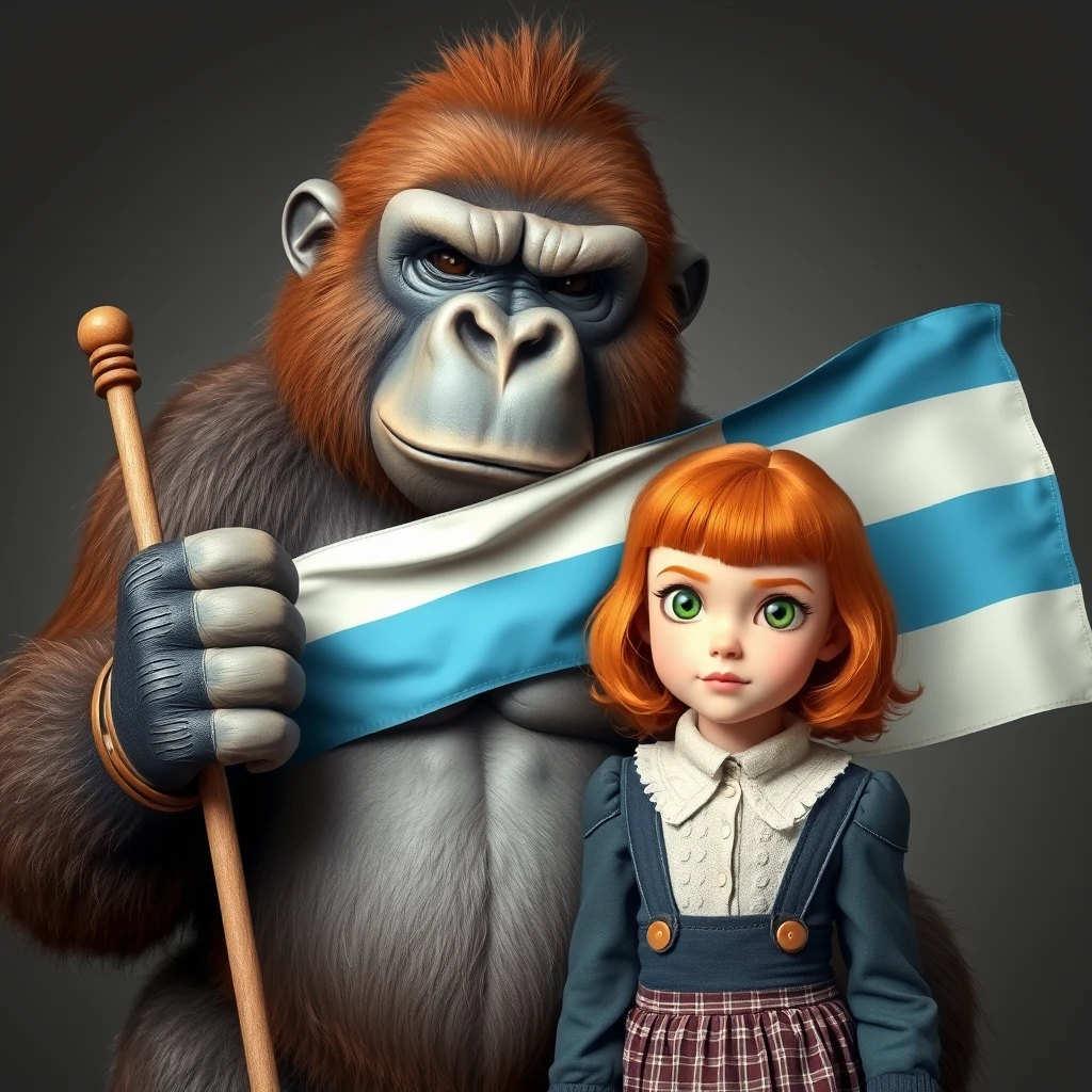 A fierce gorilla holding a three-striped flag colored light blue, white, and light blue, stands next to a cute teenage girl with ginger hair and green eyes, styled with bangs, in a vintage fashion.