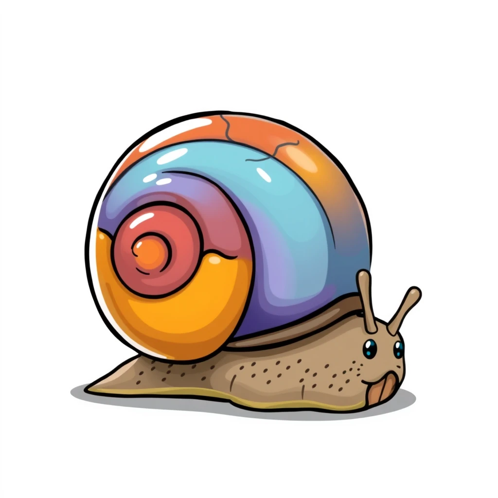 A cartoon image of a snail with a colorful shell.