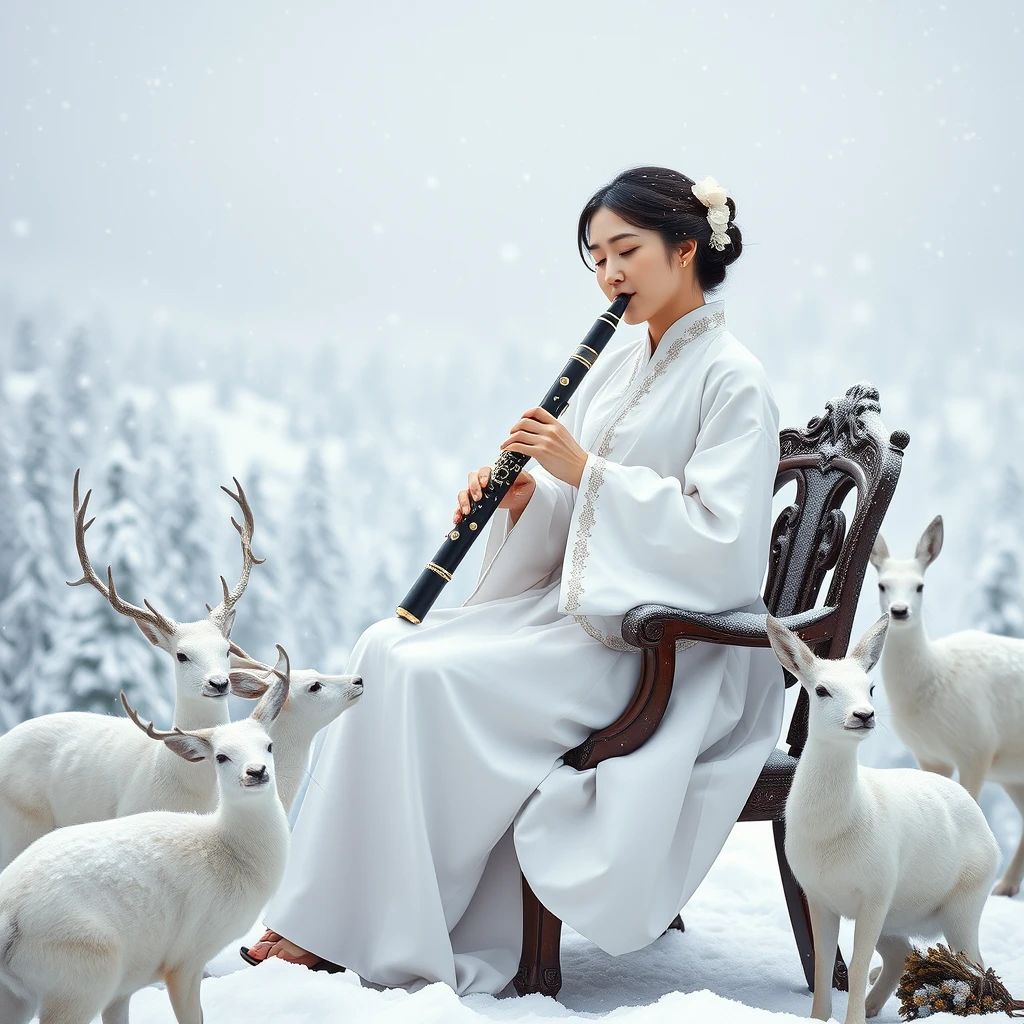 A gorgeous female oboe player in a white hanbok sits on an antique chair at a snow-covered mountain peak, playing the oboe with her eyes closed. Heavy snow is falling around her, with snow-laden trees lining the background. The white deer and hares are around the oboist to listen to the music. It's a serene winter afternoon. Hyperrealistic. - Image