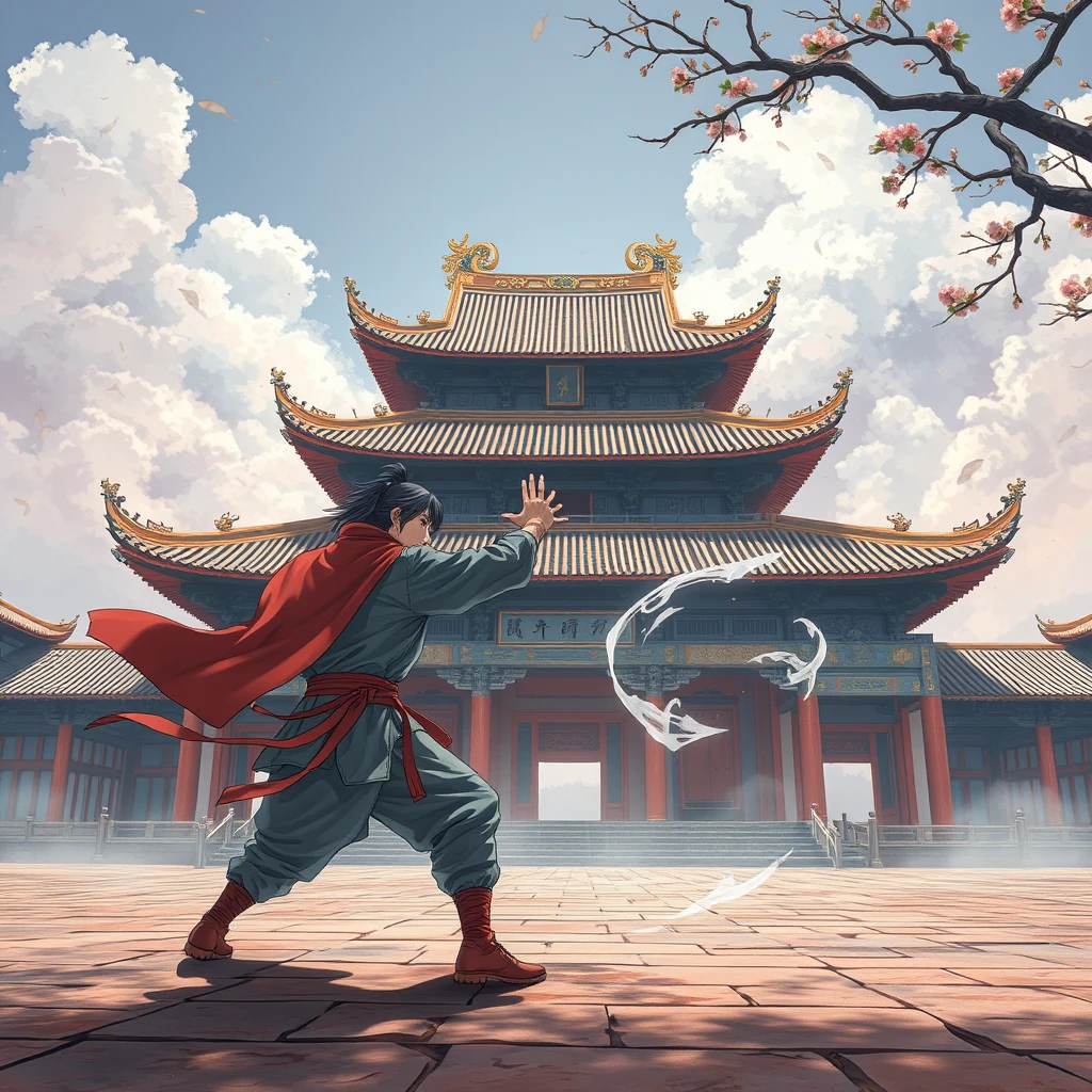 anime artwork, martial arts arena in front of Taoist temple, unmanned - Image