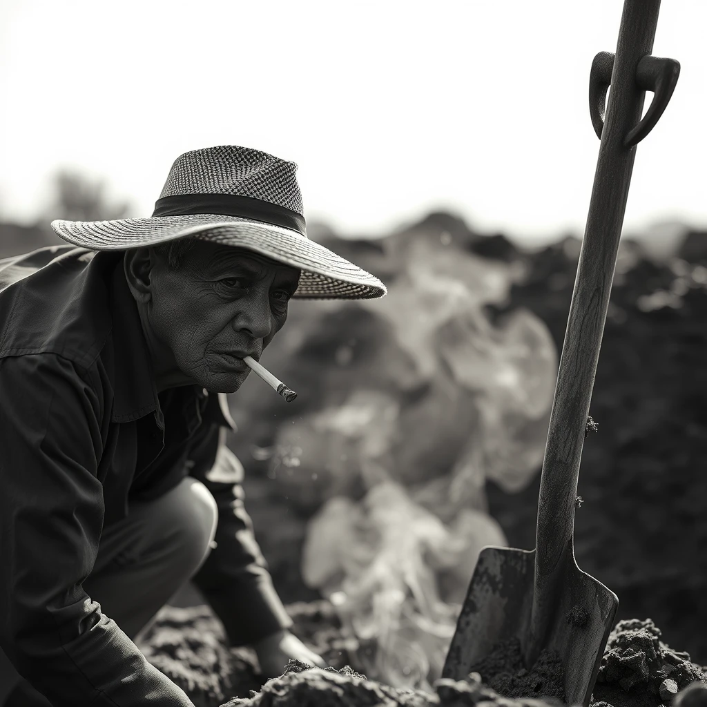 /image prompt: person, worker, hat, cigarette, spade, dig a well but no water comes out, strong contrast, sharp lines, classic composition, photo real, Shot on a 50mm lens, masterpiece, exquisite, amazing visual effects, crazy details, intricate details, sharp focus, super high effect, HD, 16k --ar 3:4 --v 6.0/ - Image