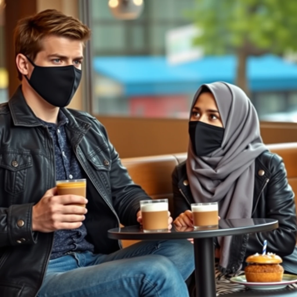 Jamie Dornan's head and body shot, handsome, black face mask, blue jeans jacket, jeans, dating a Muslim girl in a grey hijab, beautiful eyes, black face mask, black leather jacket, largest tiger pattern skirt, at a cafe, 2 cups of latte, muffin cake on a table, photorealistic. - Image