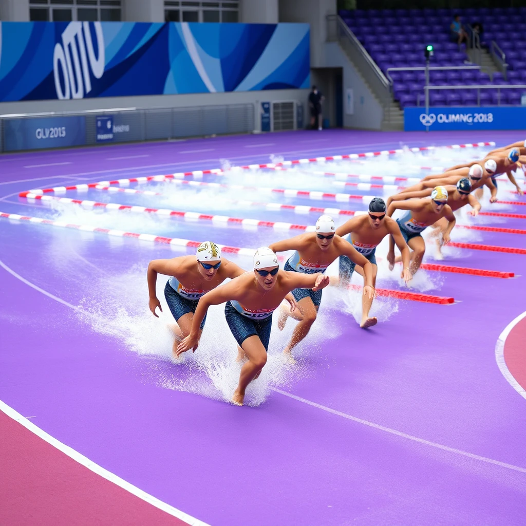 Olympic swimmers running 100m race on purple track.