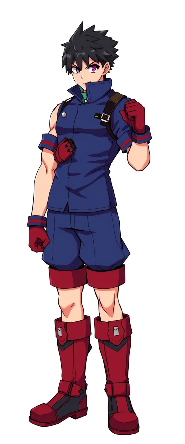 A full-body portrait of Batsu Ichimonji from Rival Schools. He has a muscular build with short black hair and a determined expression. He wears a blue school uniform with red accents, including gloves and boots. His right fist is clenched, and his left arm hangs naturally at his side.