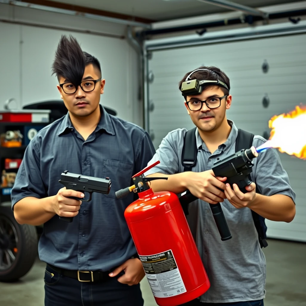 21-year-old white Chinese man wearing square glasses, long black mullet, holding a pistol; 21-year-old white Italian man wearing round glasses, short hair, holding a very large fire extinguisher flamethrower, garage setting.